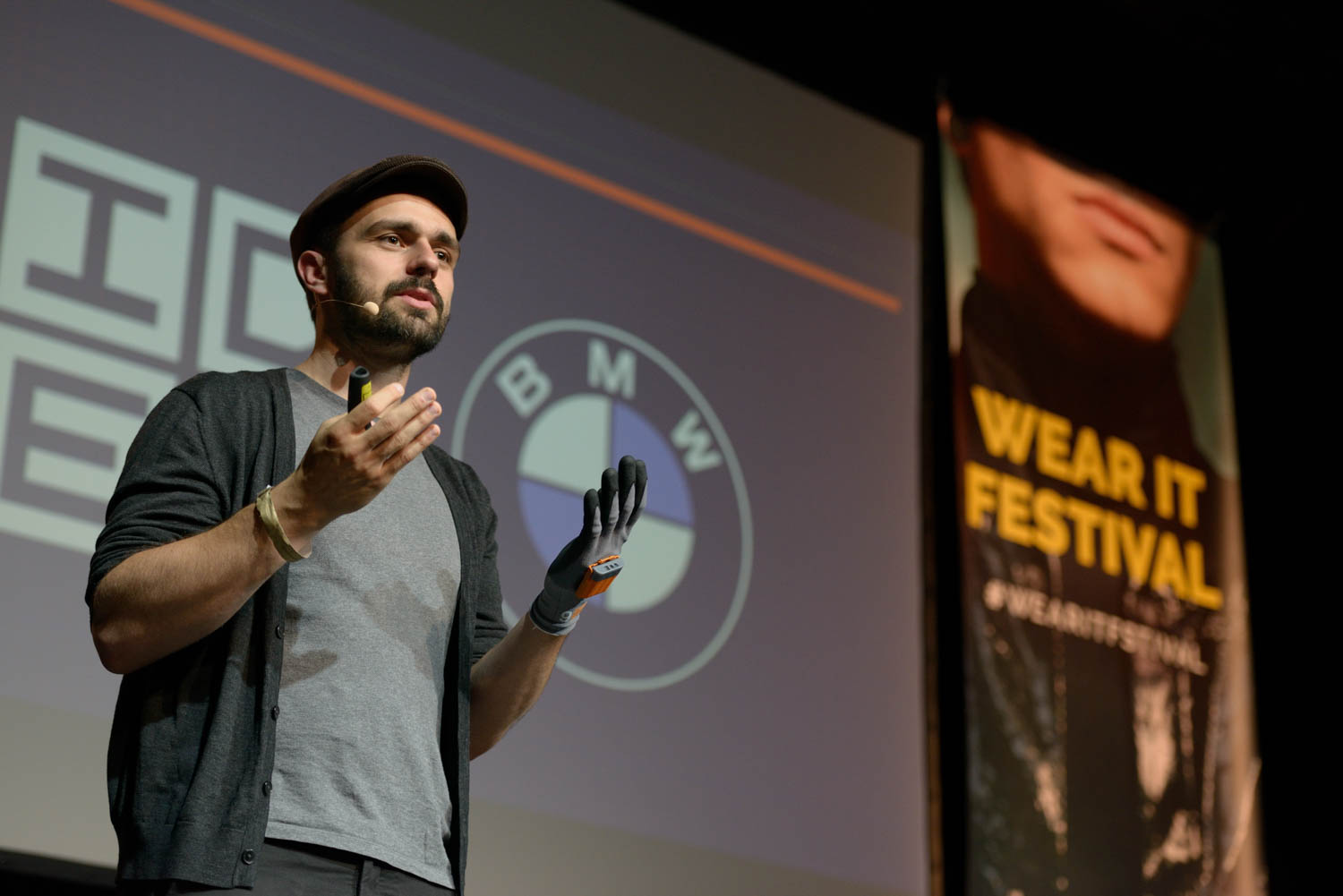 Thomas Kirchner (PROGLOVE) speaking about the DATAGLOVE at the Wear It Festival - The Conference on Wearables, fashion tech, smart clothing and consumer innovation on 19-20 June 2018 at the Kulturbrauerei Berlin - (c) Wear It Berlin / Michael Wittig, Berlin