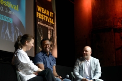 Mano Ten Napel (FASHNERD, Moderator), Ben Cooper  (IOCLOTHES) and Despina Papadopoulos (PRINCOPLE DESIGN) in a discussion about The Quest for Compelling Use Cases at the Wear It Festival - The Conference on Wearables, fashion tech, smart clothing and consumer innovation on 19-20 June 2018 at the Kulturbrauerei Berlin - (c) Wear It Berlin / Michael Wittig, Berlin